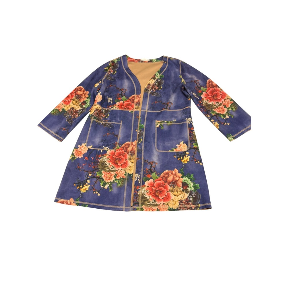 Solitaire Blue Floral Open Front Cardigan Jacket Womens Large